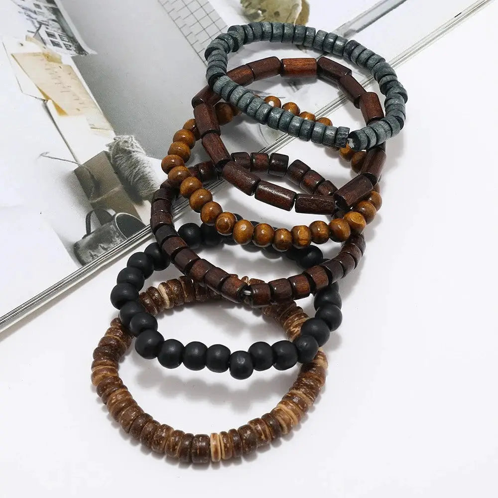 Womens multi-layer Buddha beaded wooden bracelets set of six on elastic adjustable threads; gray, black and brown wood beads