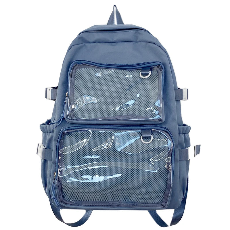 Simples Market blue Japanese-style transparent ita backpack with two clear front pockets and side straps