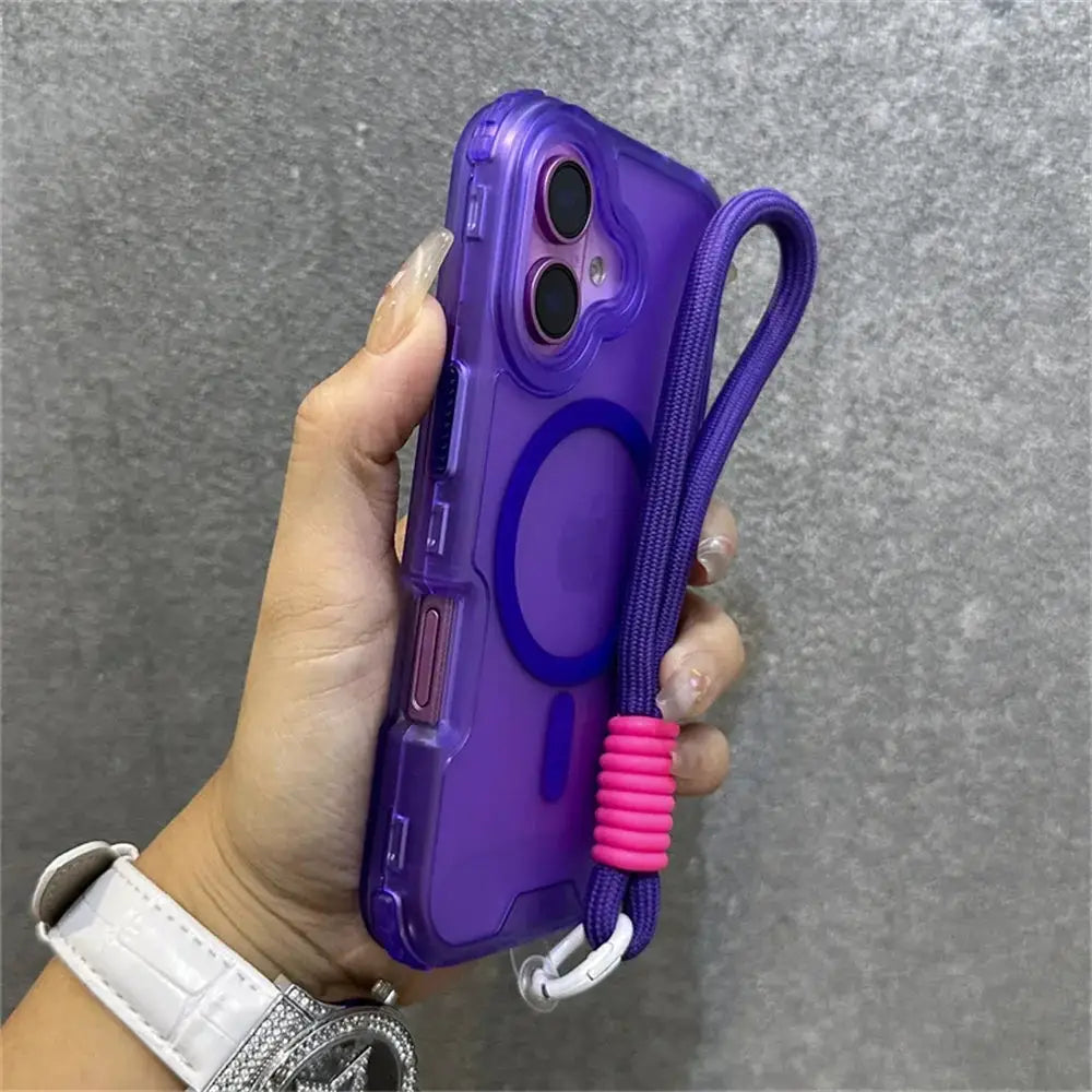 Simples Market Luxury Armour MagSafe phone case in purple with purple lanyard and pink grip wrap