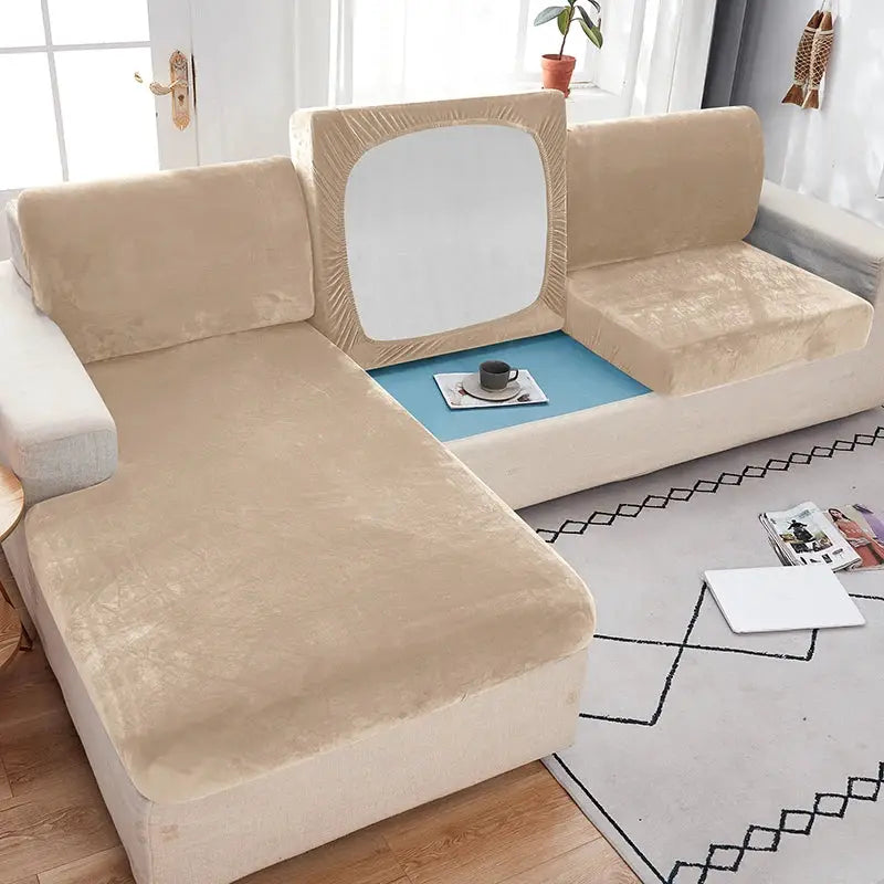 1pc Plush Sofa Slipcover in beige with anti-slip elastic for living room sofa by Simples Market