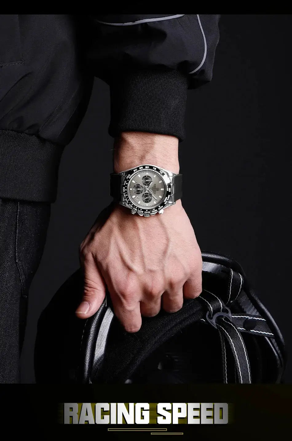 NAVIFORCE men's chronograph watch with silicone strap, black bezel, luminous dial indicators