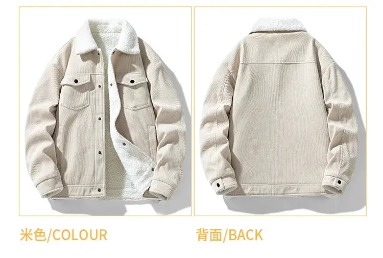 Men's beige corduroy jacket with sherpa lining, front and back views, Simples Market