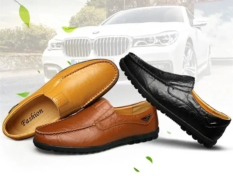 Men's genuine leather loafers; slip-on moccasins in brown, tan and black (three colors)