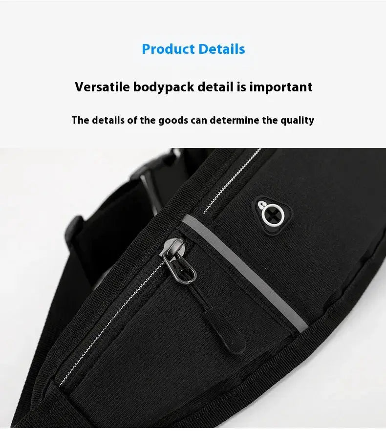 Waist bag by Simples Market, black waterproof sport bag with reflective stripe and multiple zip pockets.