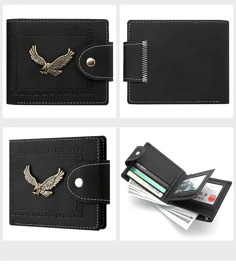 Men's PU leather short folding wallet with gold eagle emblem, black with white stitching
