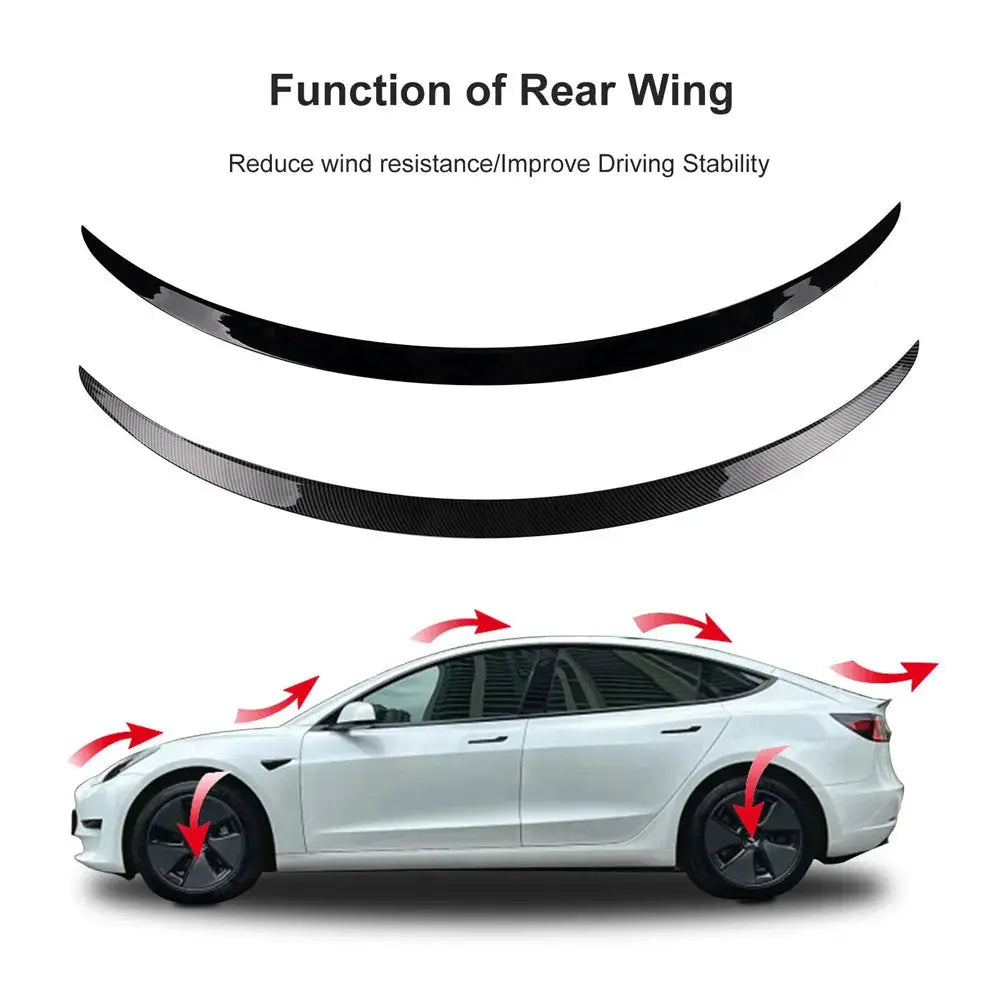 Rear spoiler wings set for Tesla Model 3/Y by Simples Market, two-piece carbon fiber look with black gloss finish.