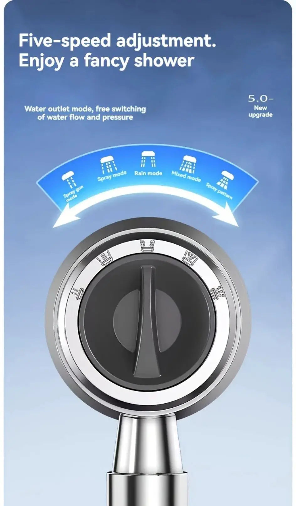 Simples Market five-mode chrome shower head with adjustable dial and high-pressure spray