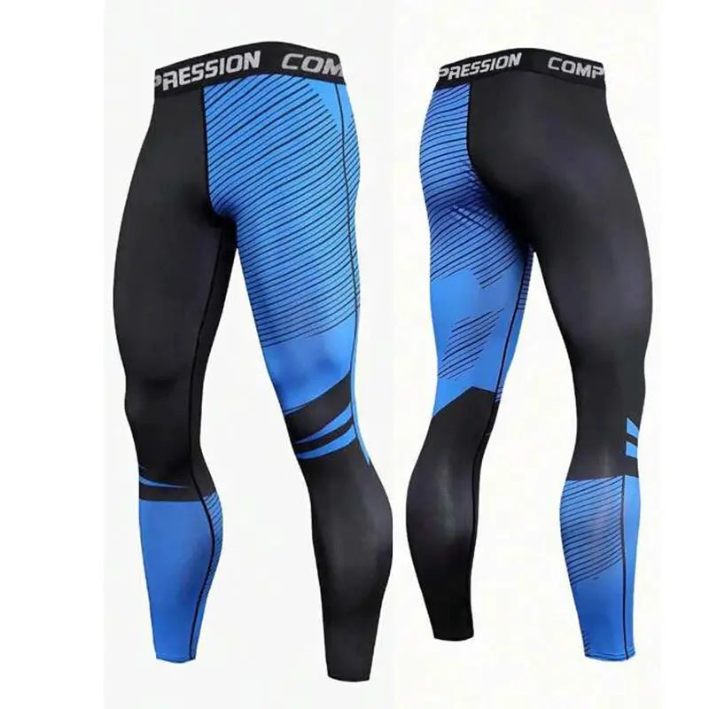 Men's compression leggings by Simples Market in black and blue with panel graphics