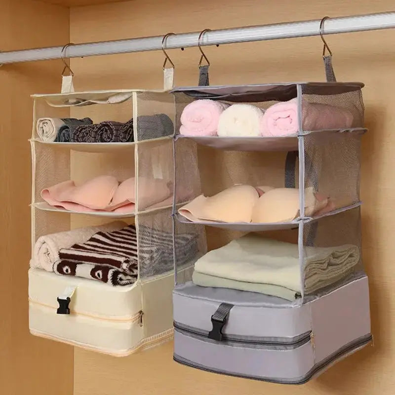 3-in-1 Travel Clothes Storage Hanging Bag with two cream and gray hanging organizers, mesh shelves and zippered pockets.