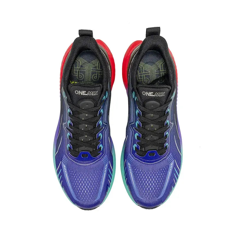ONEMIX running shoes pair in purple to blue gradient with black laces and red heel accents