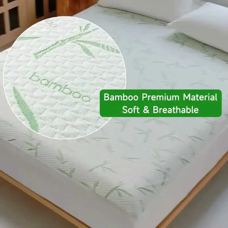 Bamboo mattress cover by Simples Market; white with bamboo-print pattern, soft, breathable fabric, deep-pocket fit.
