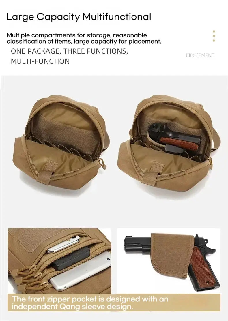 Tactical shoulder bag with pistol holster in tan, multi-compartment, convertible crossbody backpack for concealed carry.