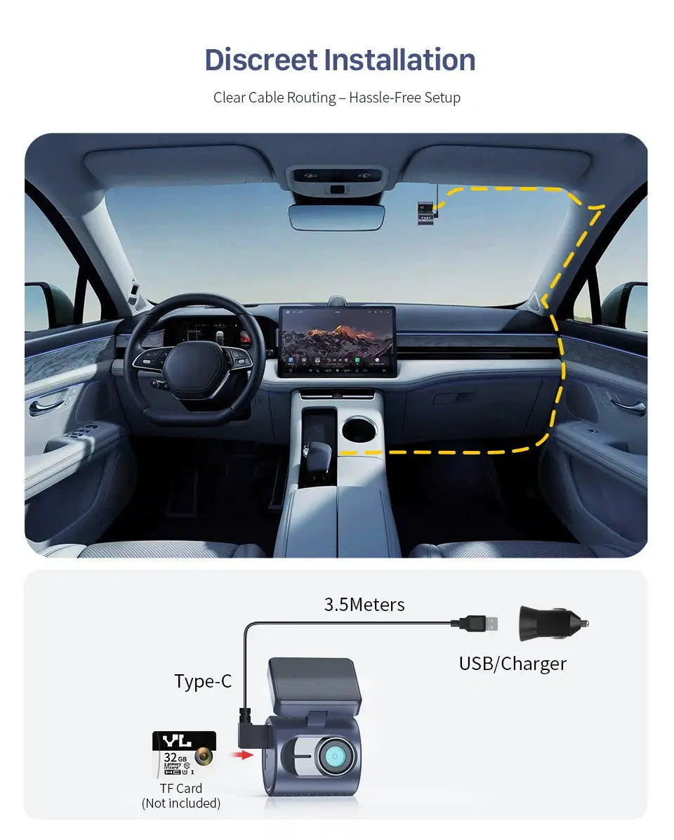 2K KAWA MINI 3 Pro car dash cam, blue-gray body with discreet windshield installation and USB-C cable diagram