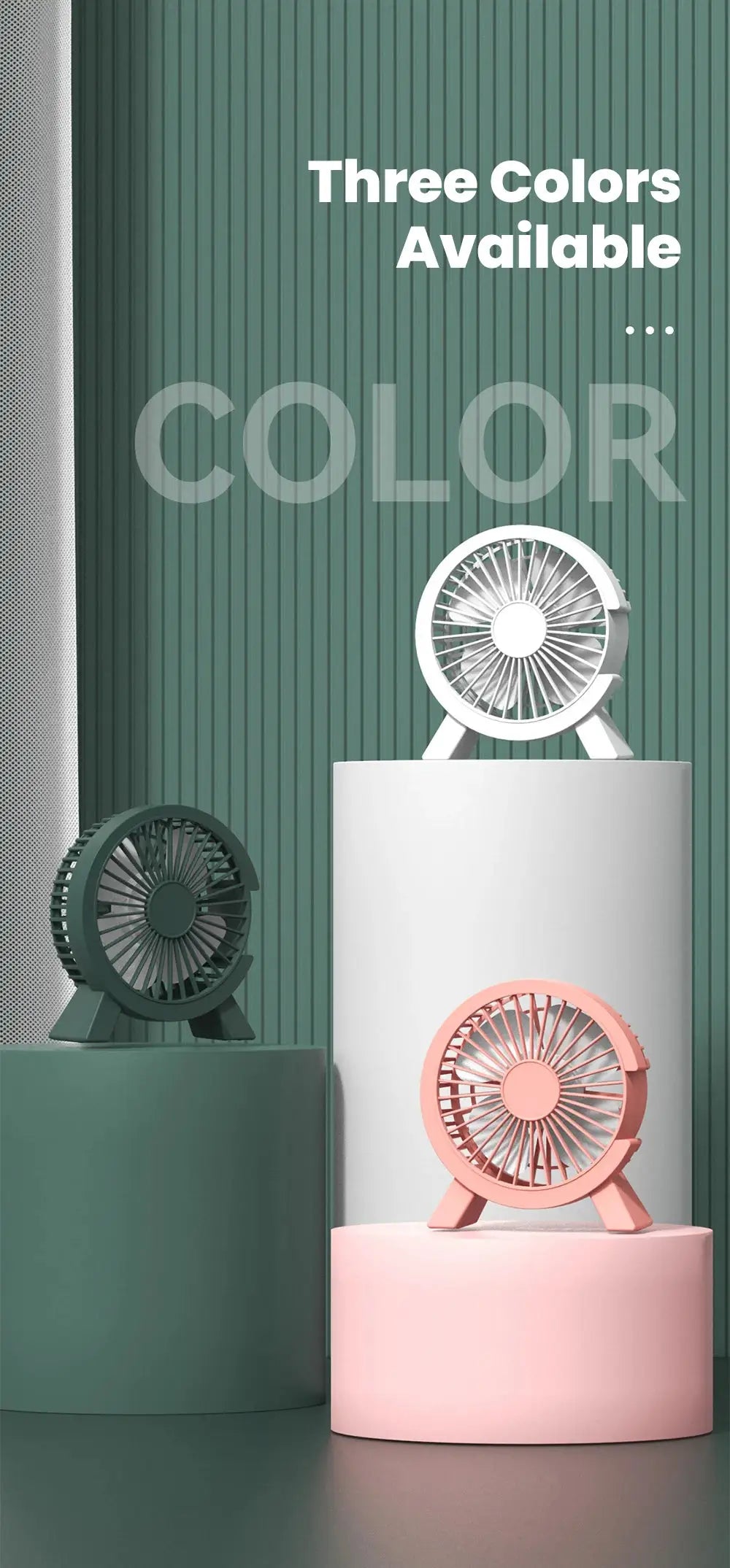 Mini USB rechargeable table fan by Simples Market; 3 color variants in pink, green and white.