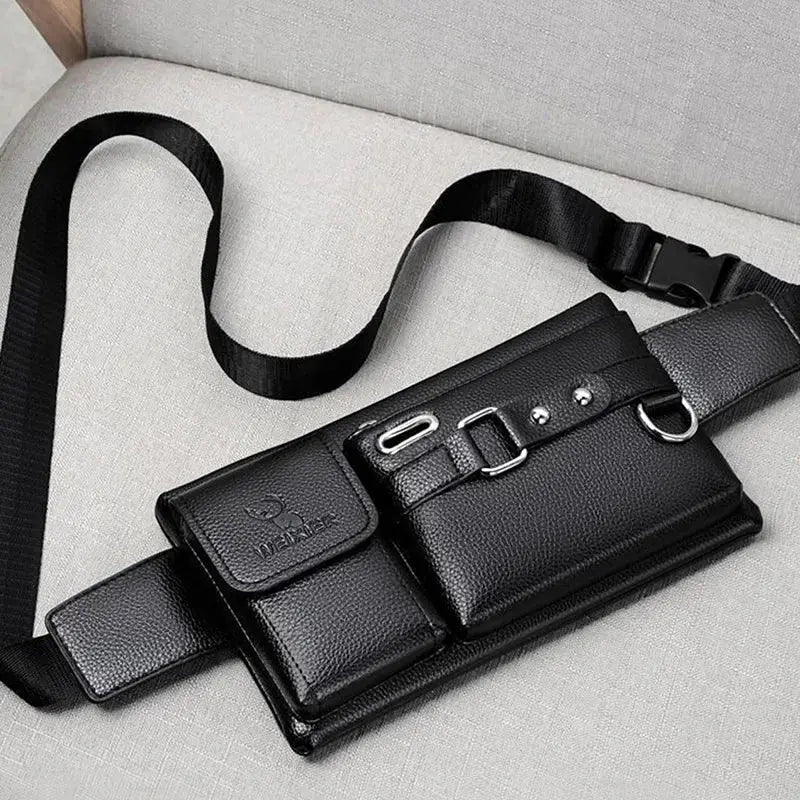 Simples Market black PU leather crossbody belt bag with multiple pockets and adjustable strap