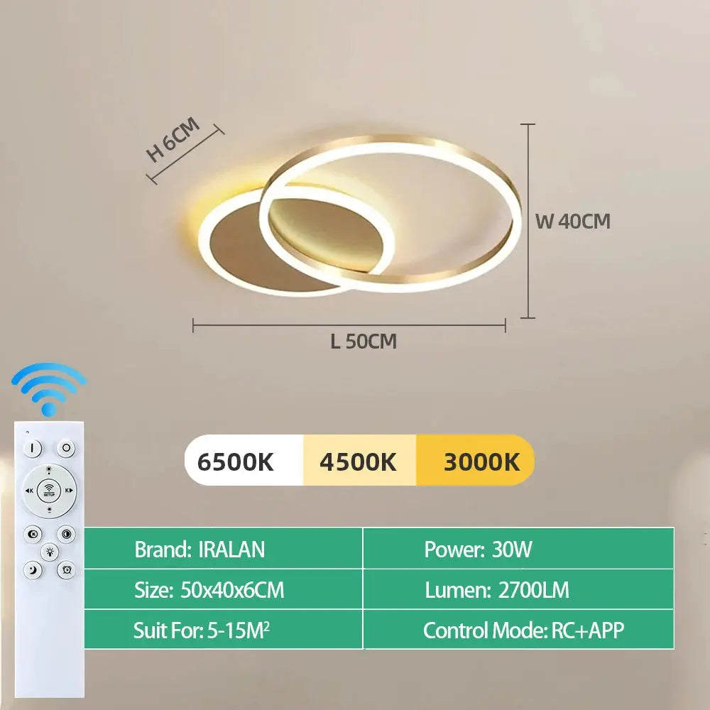 Modern LED ceiling chandelier IRALAN with double circular rings, dimmable via remote, 3000–6500K color temperature.