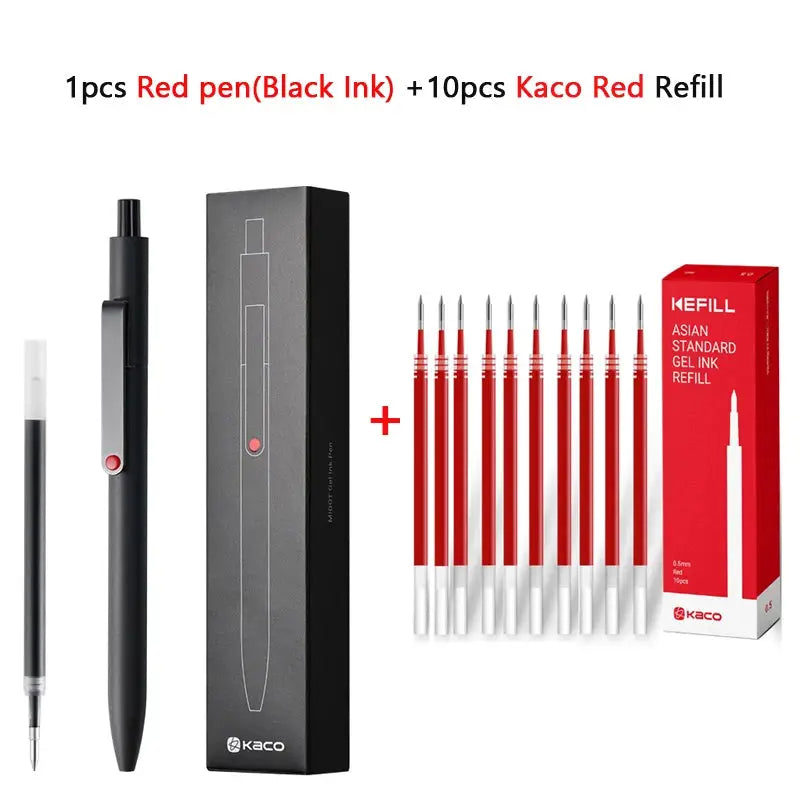 KACO 0.5mm gel ink pen bundle with 10 red refills and black pen body