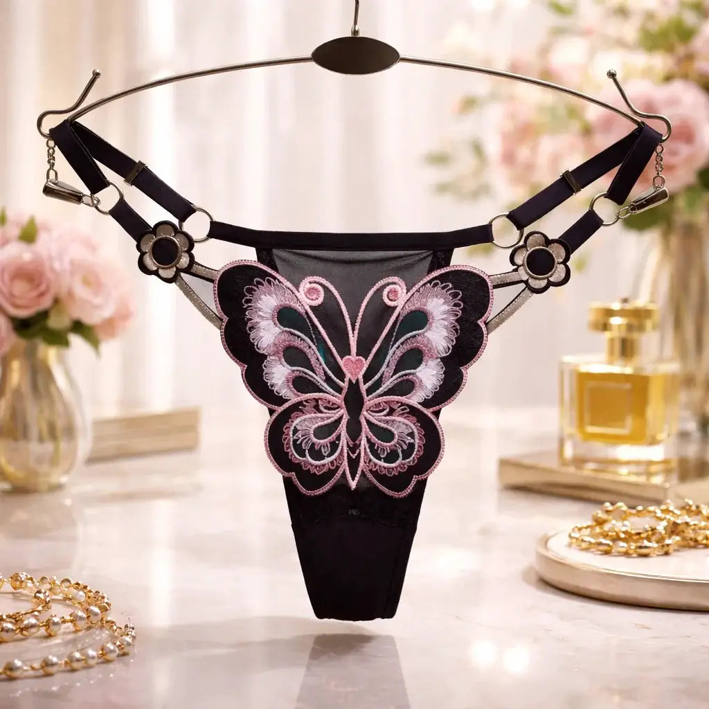 Simples Market butterfly lace thong for women, black mesh with pink embroidered butterfly and adjustable waistband