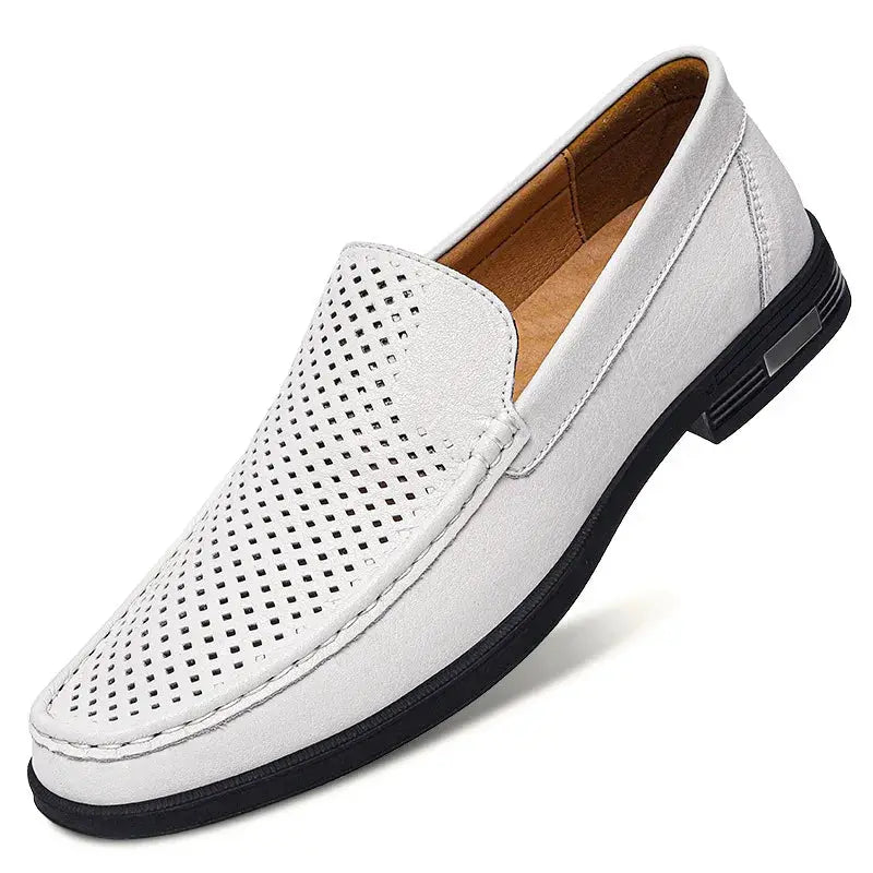 Leather men's white perforated slip-on loafer with black sole