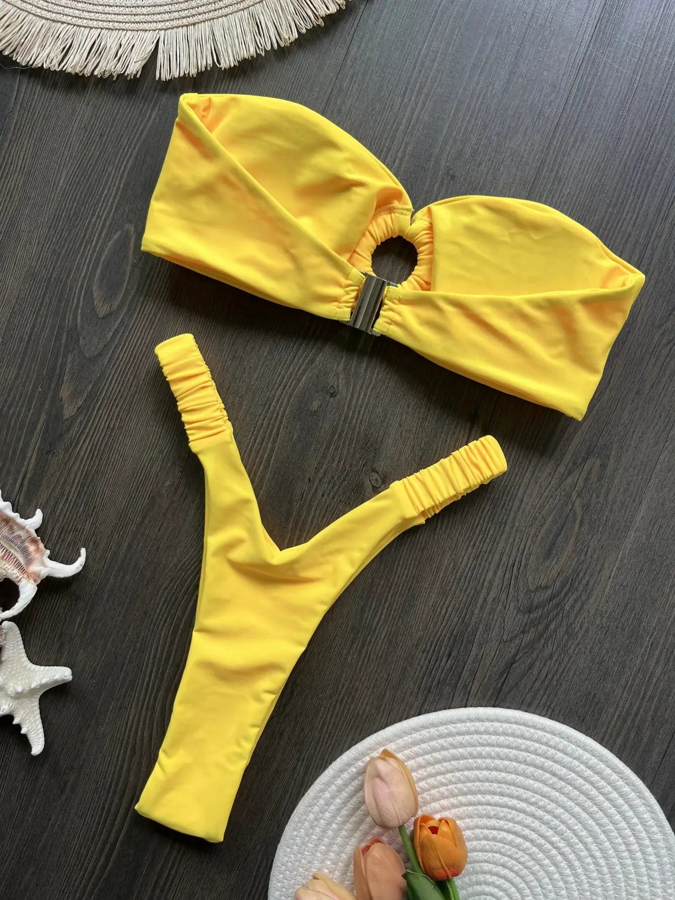 Yellow bandeau bikini set with metal back clasp and ruched-side bottoms