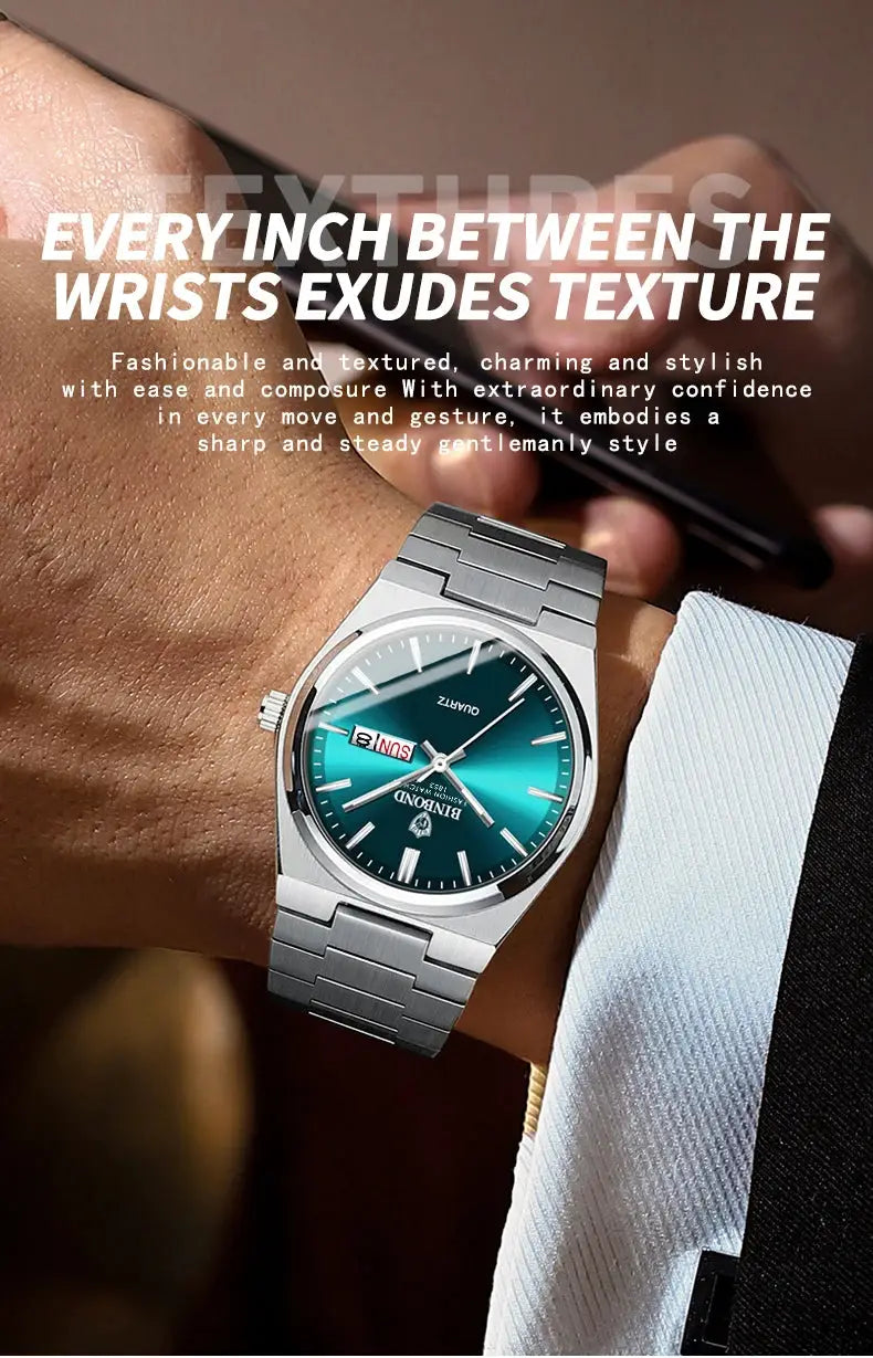 BINBOND stainless steel men's watch with teal gradient dial, date window, and metal bracelet