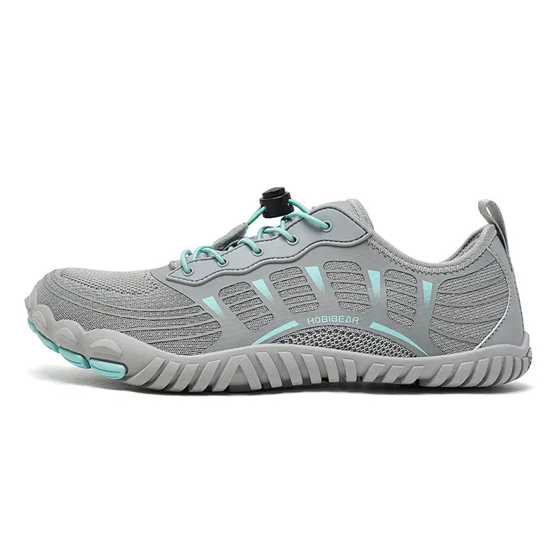 HOBIBEAR barefoot shoes, grey breathable mesh sneakers with turquoise laces and sole accents