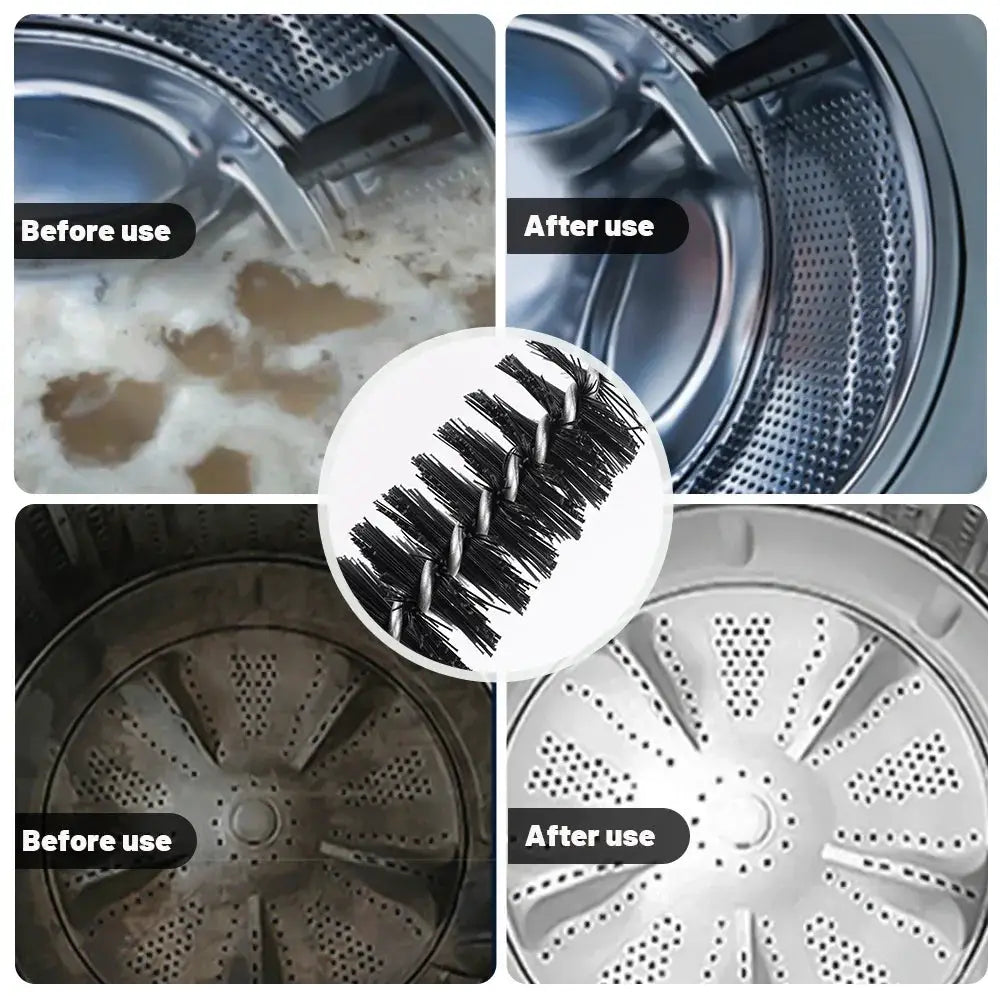 Simples Market flexible long cleaning brush for washers and dryers; black bristles, lint-removal collage.