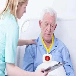 Wireless medical alert system pager for seniors; white device with red SOS button worn by elderly man, caregiver nearby.