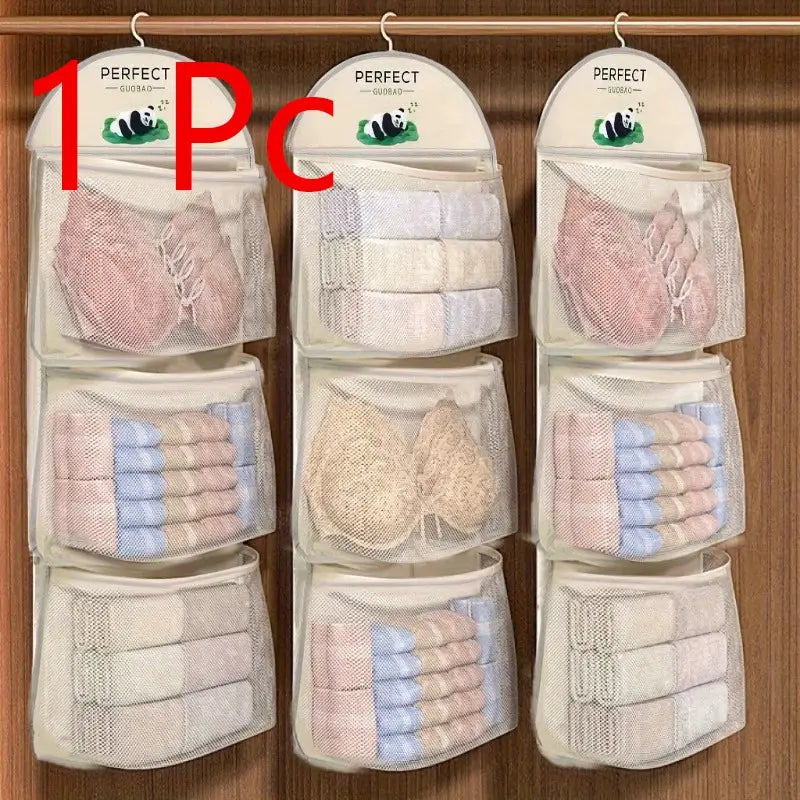 Three-tier hanging mesh storage bag for underwear, socks and bras with visible pockets