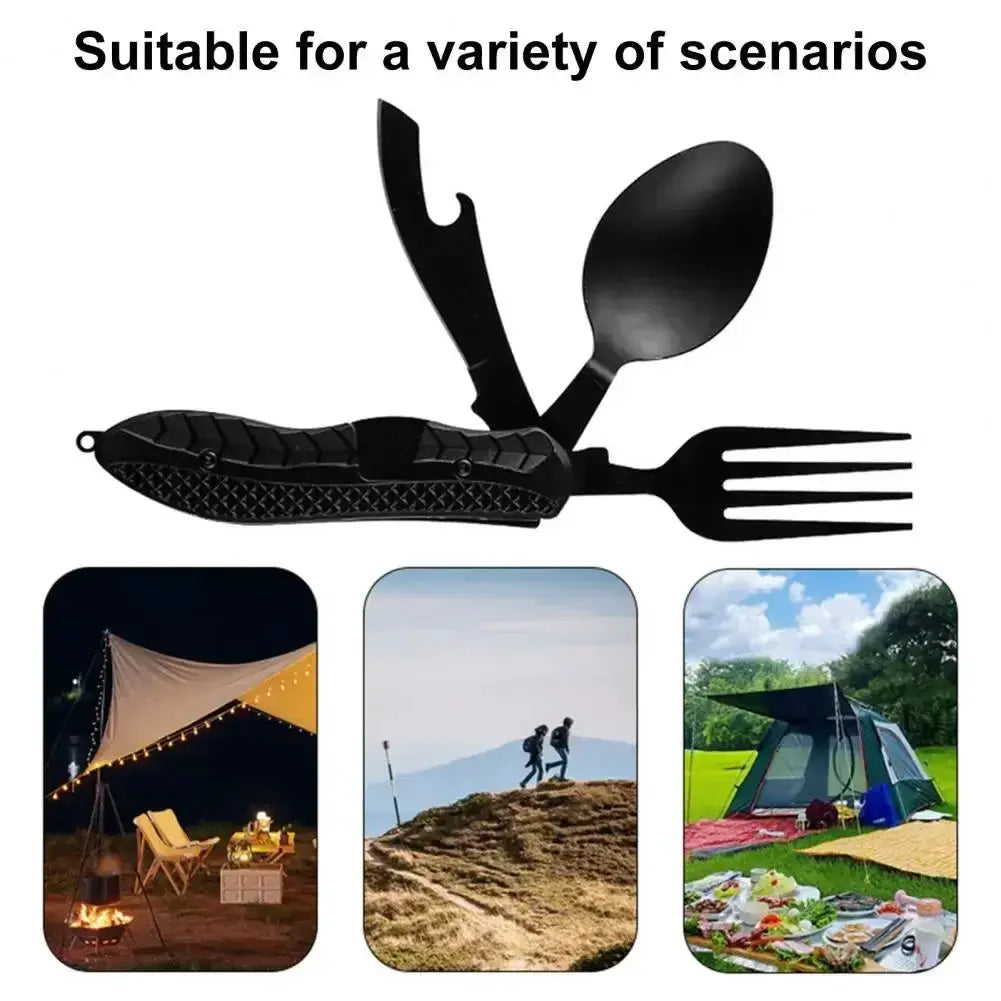 Three In One Multi Tool Camping Folding Knife Stainless Steel Spoon Fork Bottle Opener Hook Design Comfortable Grip