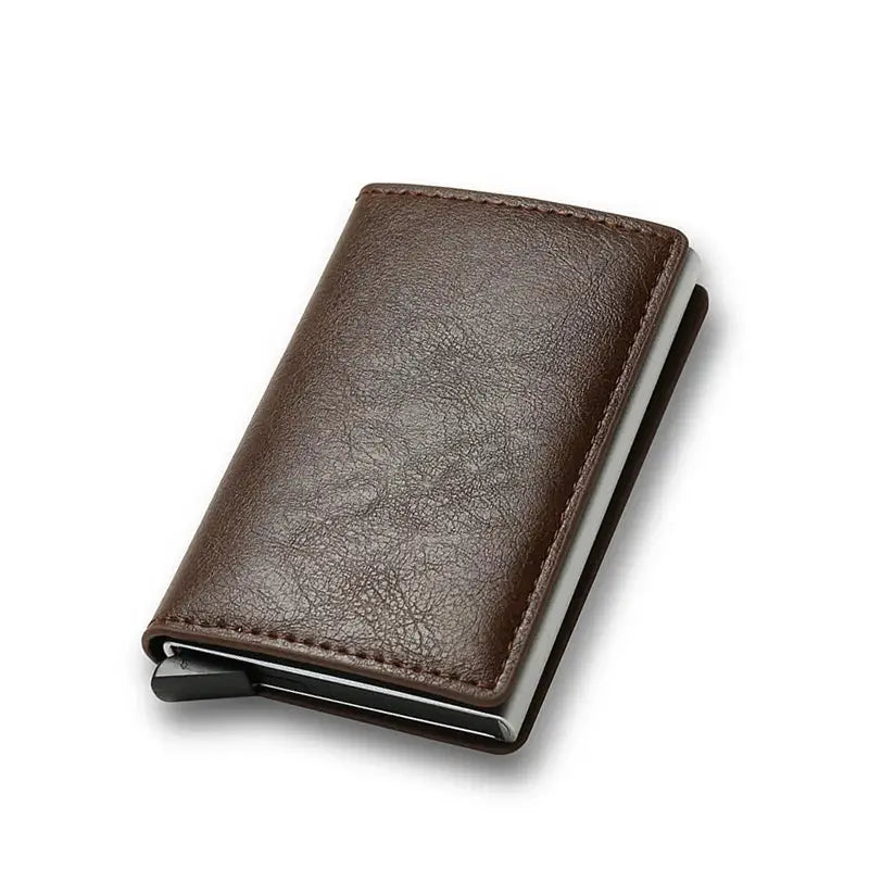 Brown leather anti-RFID card holder wallet with mini automatic pop-up card slot