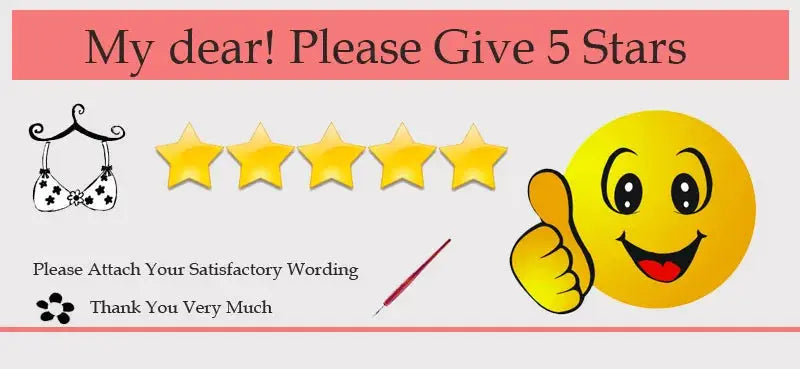 Large size bra banner prompting five-star reviews; features a bra icon, five gold stars, and a thumbs-up emoji.