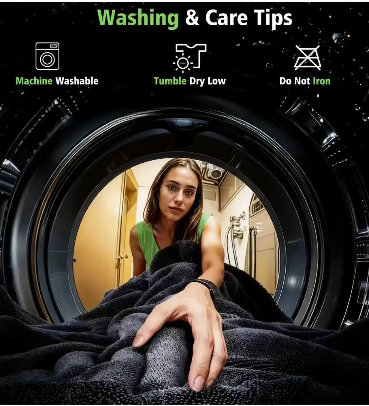 Car drying towel, dark gray microfiber, displayed inside a front-loading washer with a person nearby.