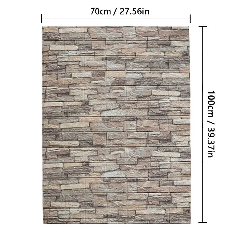 3D brick-pattern wall panels wallpaper; beige-gray stone texture, waterproof, 70cm x 100cm panel