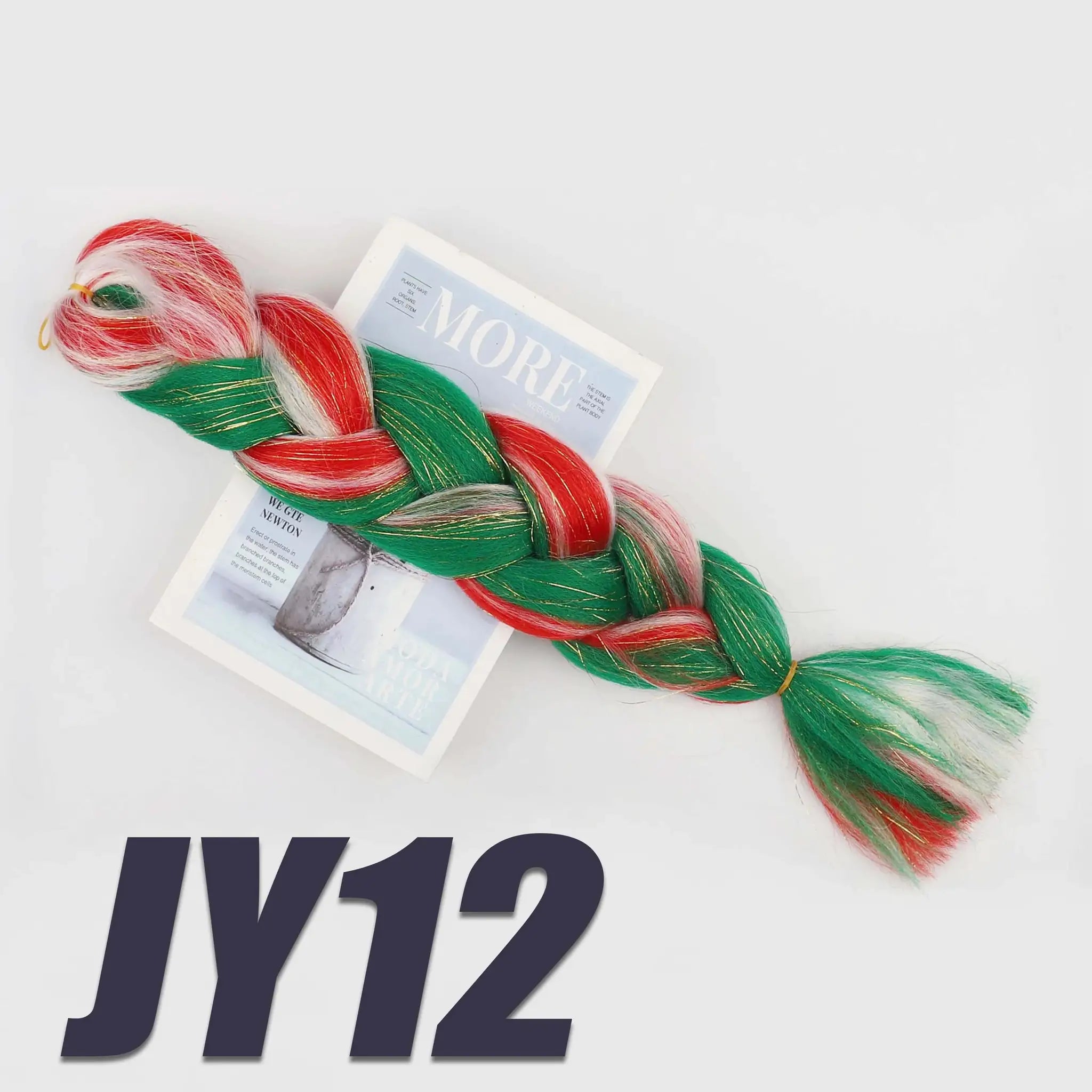 Simples Market crochet hair bundle; synthetic Kanekalon jumbo braids in red-green-white with gold strands.