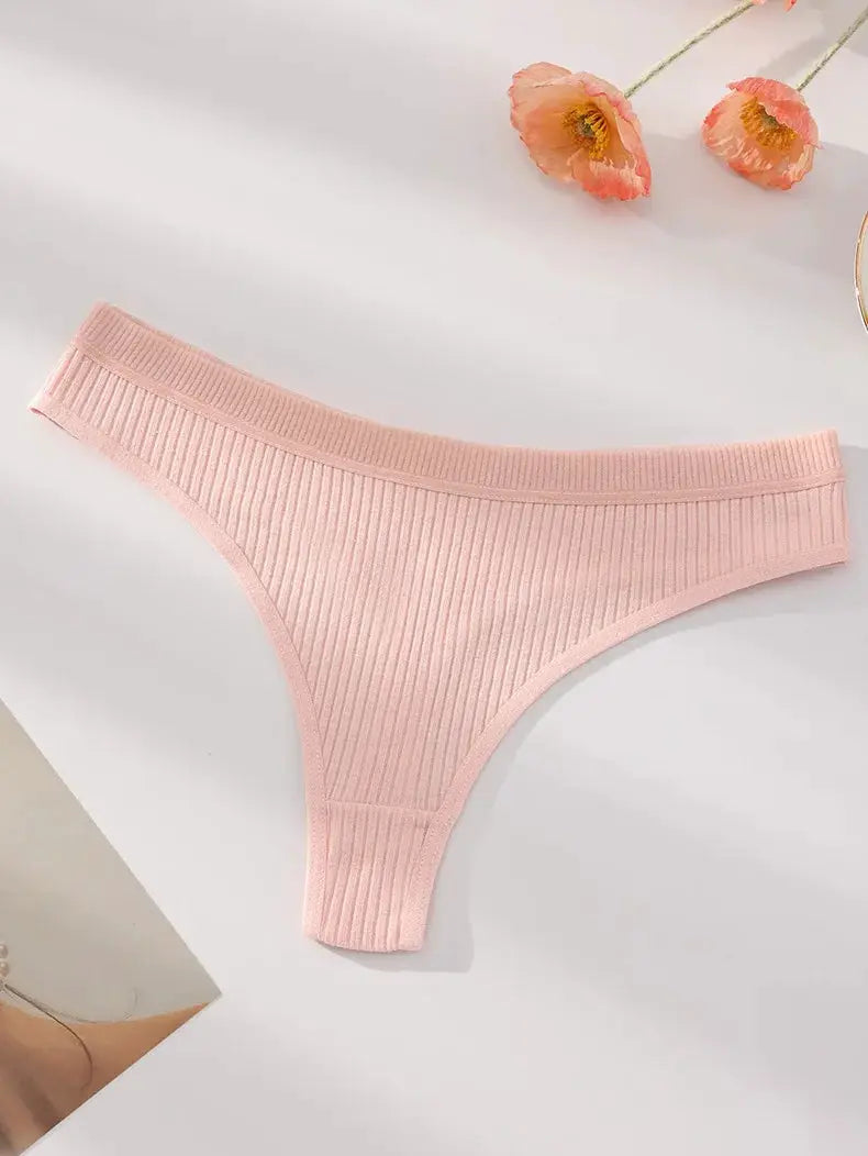 Pink ribbed cotton thong underwear for women, single thong shown