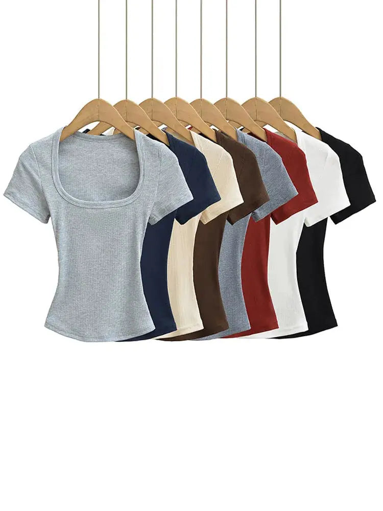 Womens Slim Fit Square Collar Crop Top High Stretch Short Sleeve Pullover Summer Blouse T Shirt For Layering