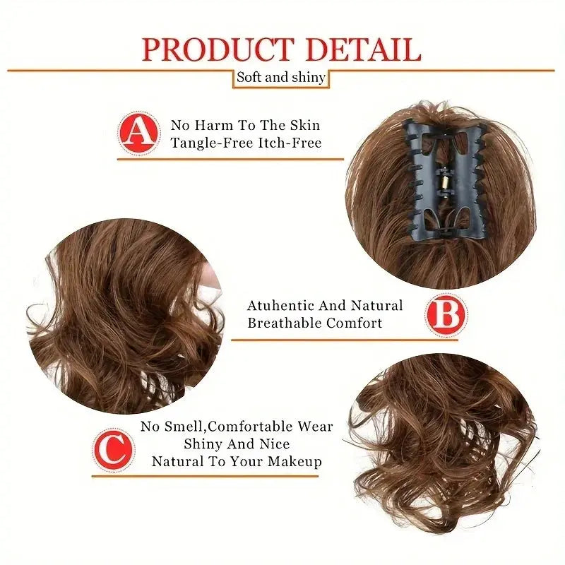 Simples Market 12-inch synthetic ponytail clip extension, short curly style in black, brown, blonde.
