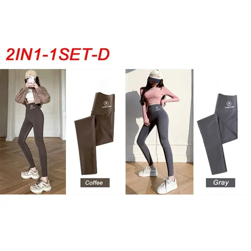 Simples Market Shark Pants for women; 2-in-1 high-waisted yoga tights in coffee and gray
