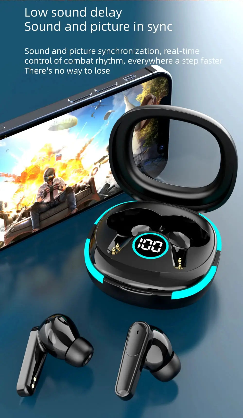 Simples Market Plus50 ANC+ENC true wireless earphones with LED display in black, charging case