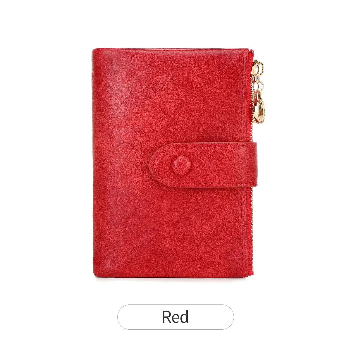 Minimalist women's red wallet with snap strap and gold zipper, three-layer card holder design