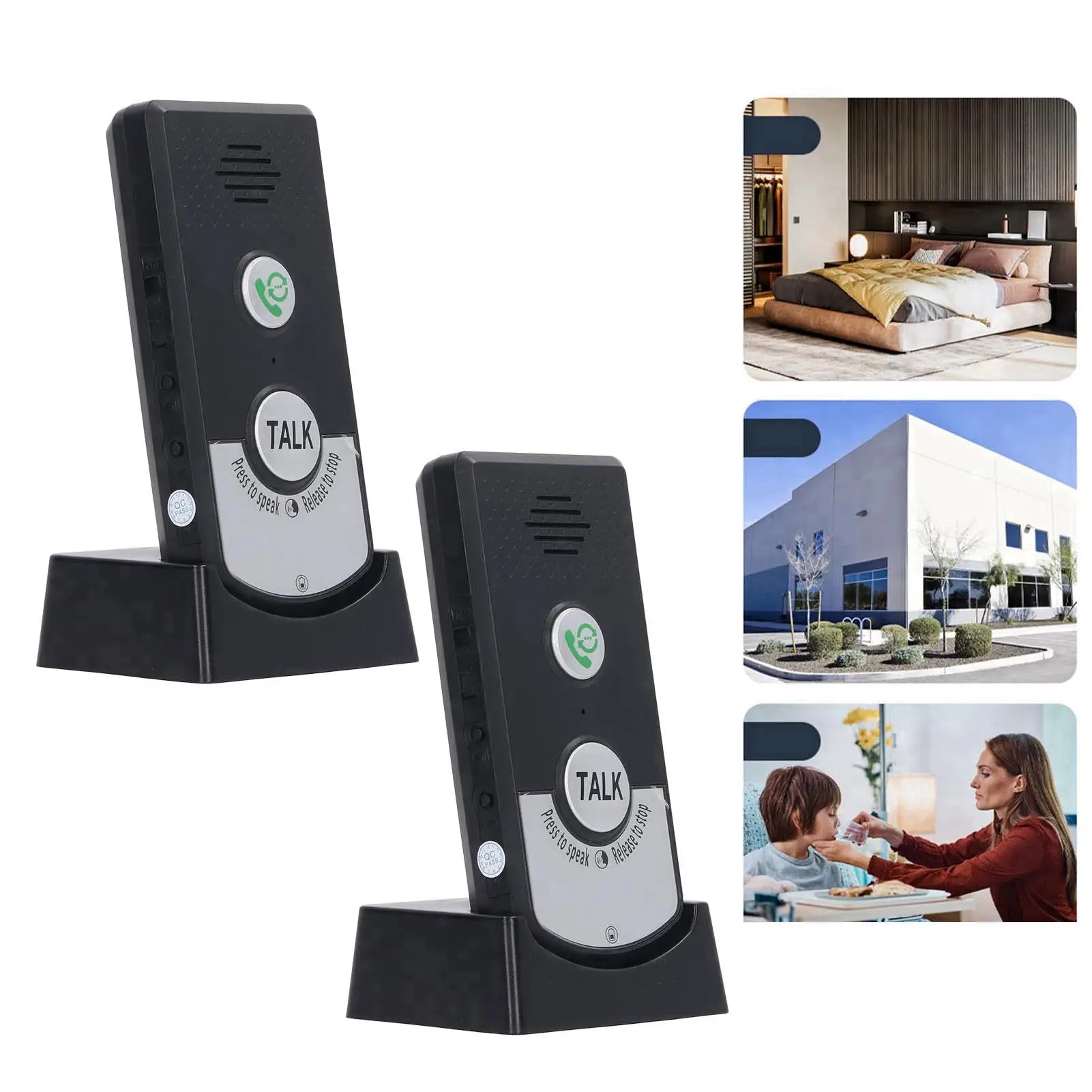 Two-way wireless intercom system with two black units, TALK buttons, and docking base (waterproof)