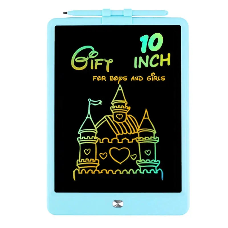 Simples Market LCD drawing tablet for kids, blue frame with attached stylus, rainbow castle on 10 inch screen