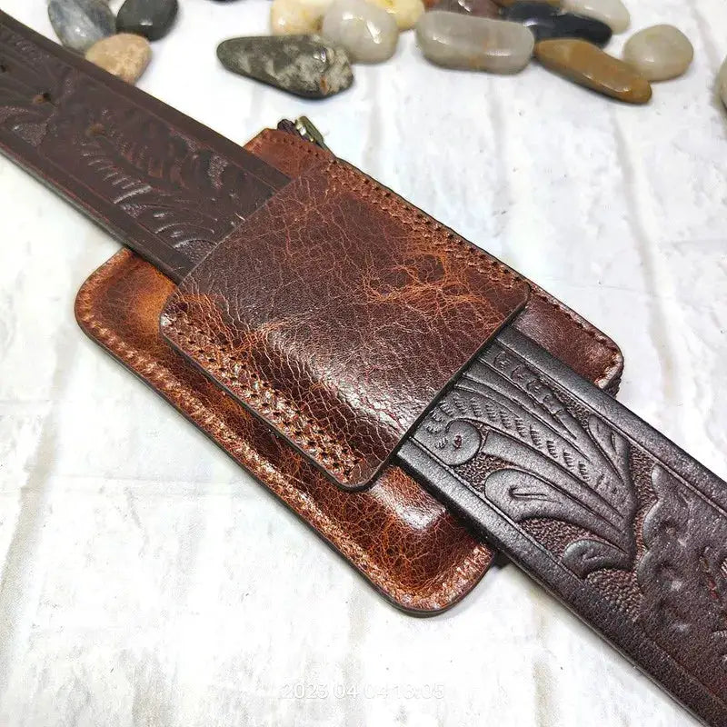Mini zipper waist bag leather belt pack with card holder on embossed brown strap