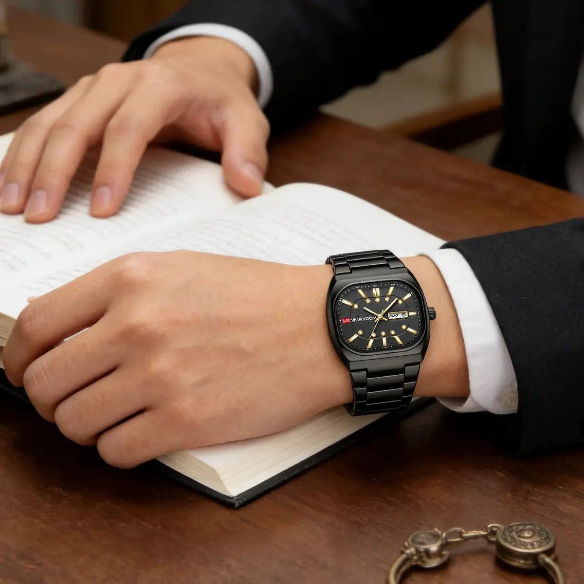 Men's black stainless steel square-dial quartz watch with gold-tone markers