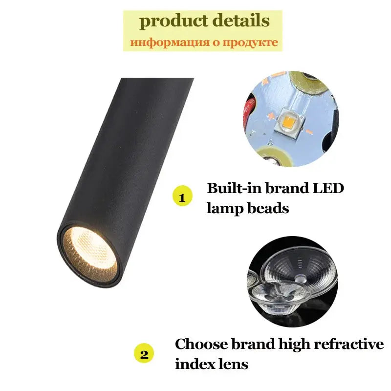 Black cylindrical LED wall reading lamp with built-in LED lamp beads, minimalist bedside sconce.
