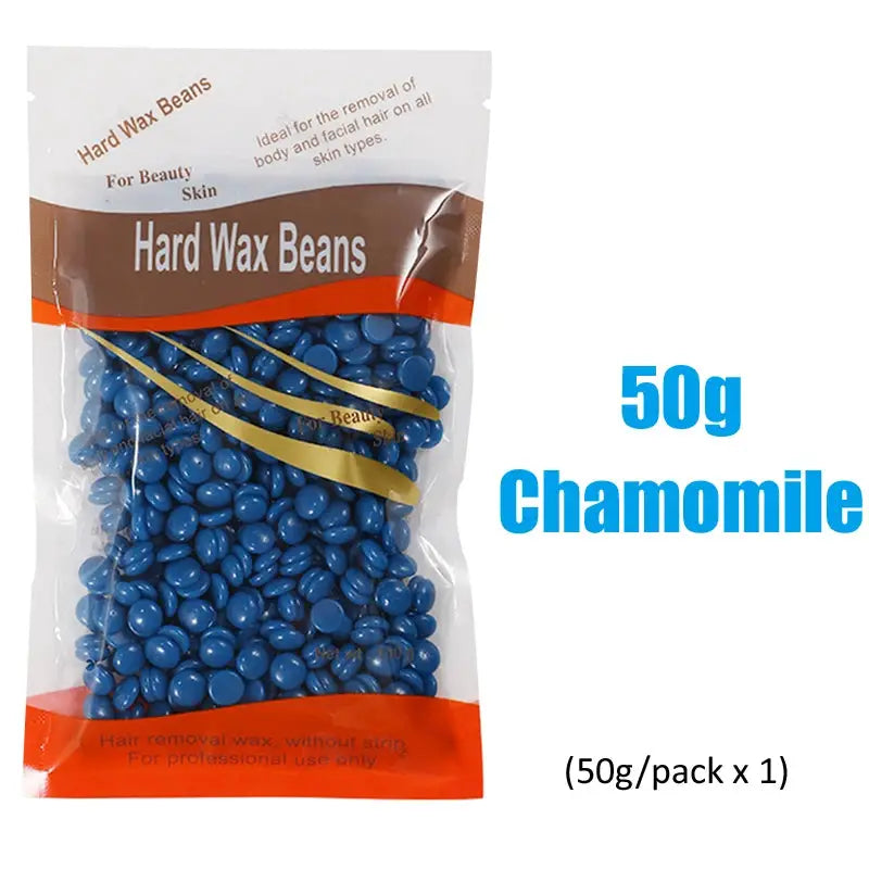 Simples Market 50g Chamomile hard wax beans for body waxing, blue beads in a white-orange bag