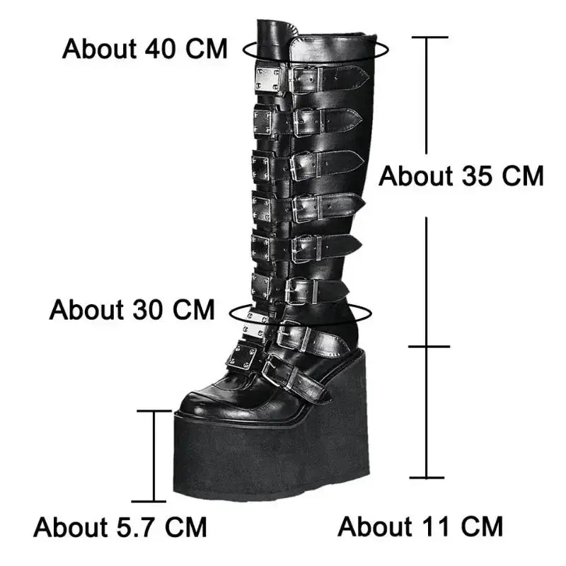 Gothic Cosplay High Heel Platform Boots With Buckle Strap PU Leather Mid Calf Wedges