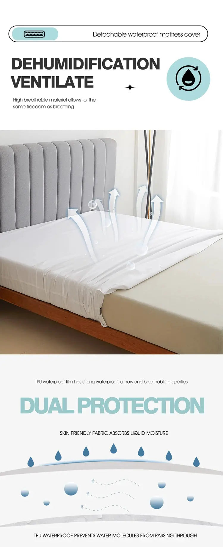Waterproof Mattress Protector by Simples Market with zipper, breathable and noiseless anti-mite cover for Queen/King beds.