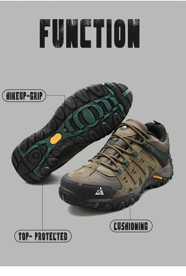 HIKEUP men's hiking shoes, olive-brown suede leather with rugged outdoor outsole by Simples Market